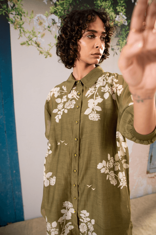 Discharge Print Oversized Shirt And Pant Set In Chanderi