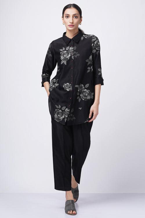 Grey shade rose printed shirt with fish embroidery with solid pant