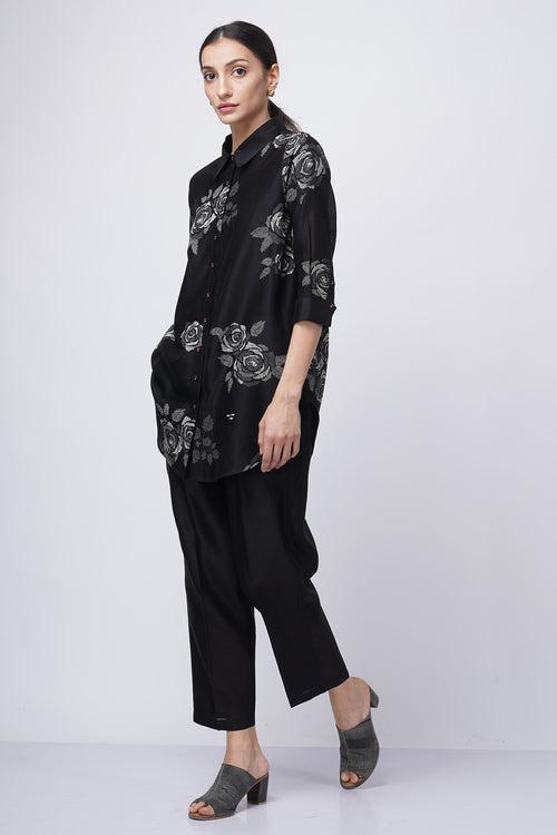 Grey shade rose printed shirt with fish embroidery with solid pant