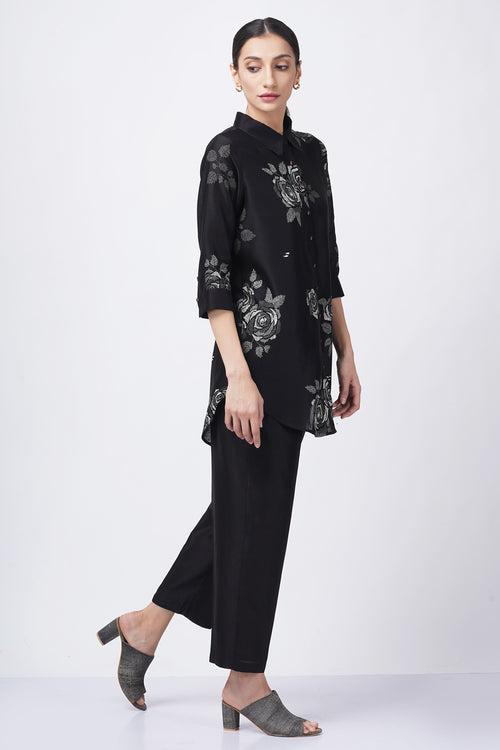 Grey shade rose printed shirt with fish embroidery with solid pant