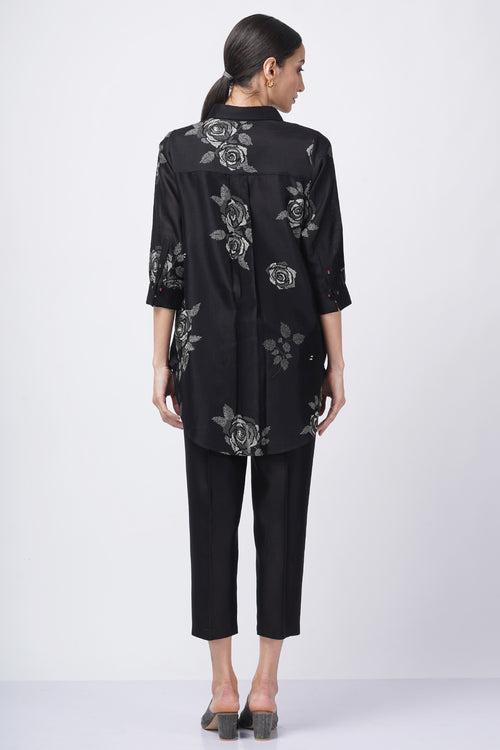 Grey shade rose printed shirt with fish embroidery with solid pant