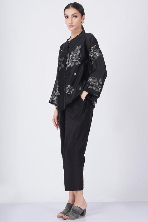 Grey shade rose printed shirt with fish embroidery with solid pant