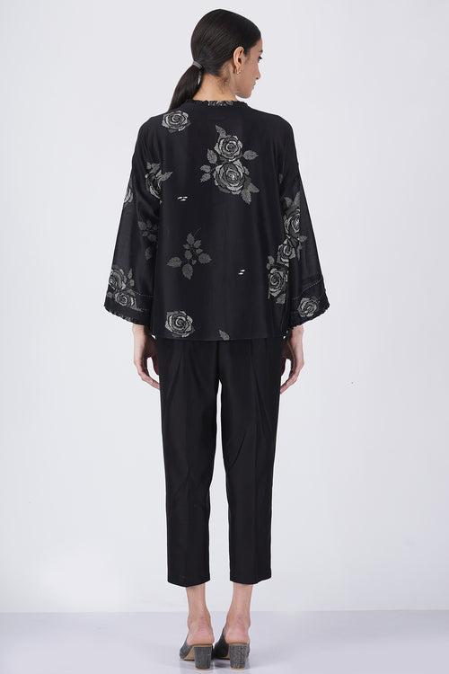 Grey shade rose printed shirt with fish embroidery with solid pant