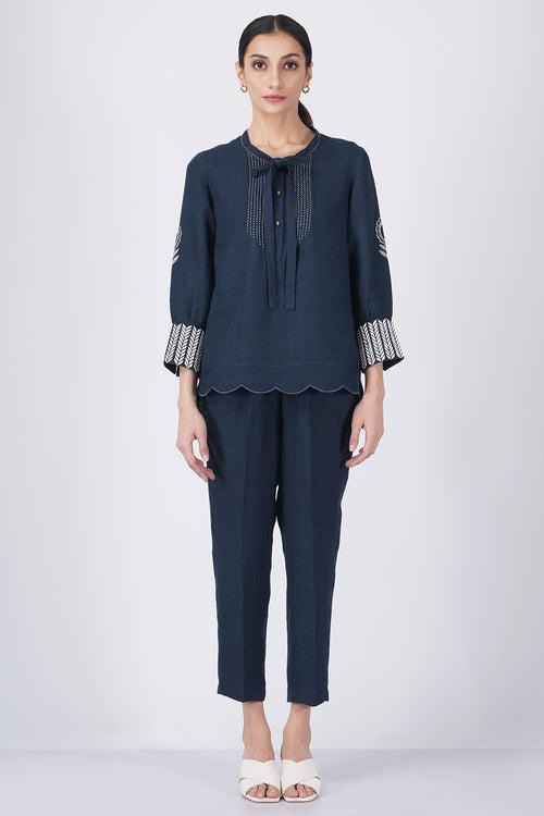 Sunflower sleeve embroiderd top with straight pant