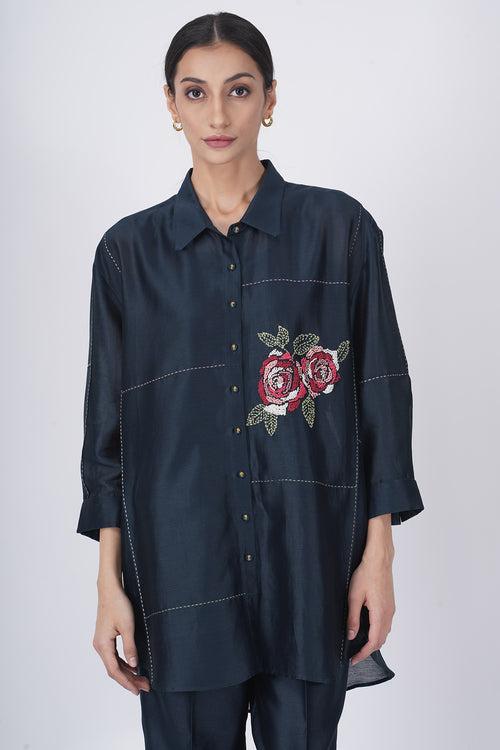 Hand embroiderd rose shirt with straight pant