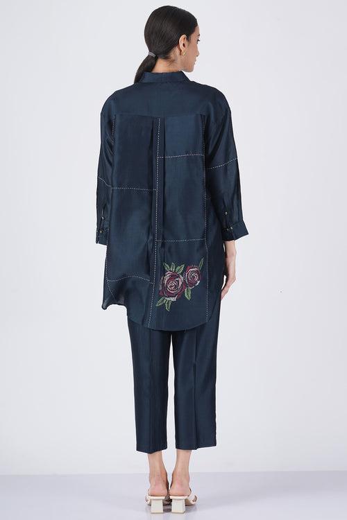 Block printed rose shirt with straight pant