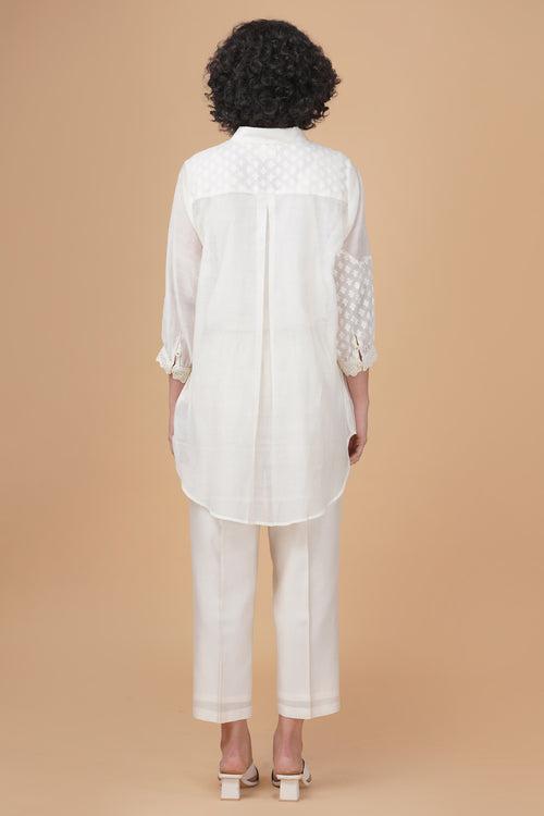 Azisai embroidery with cross  stitch embroidery shirt in cotton chanderi and straight pant in silk chanderi