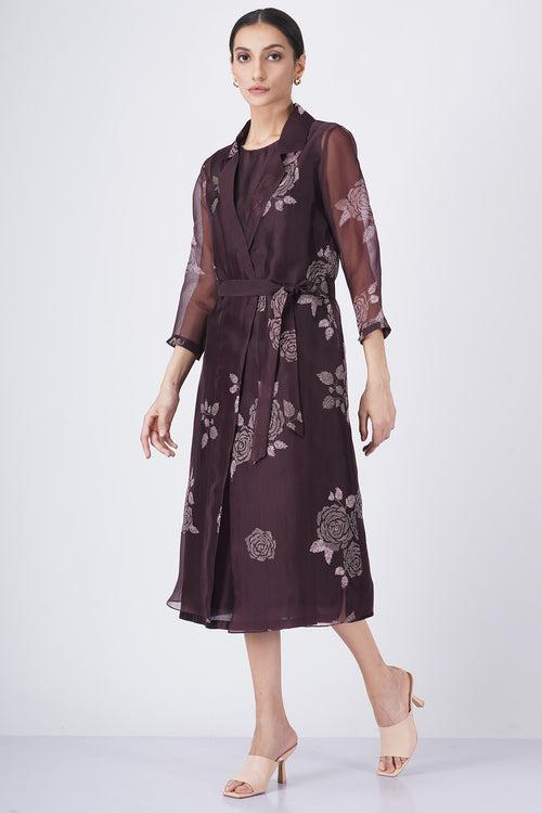 Grape rose print organza jacket with solid dress