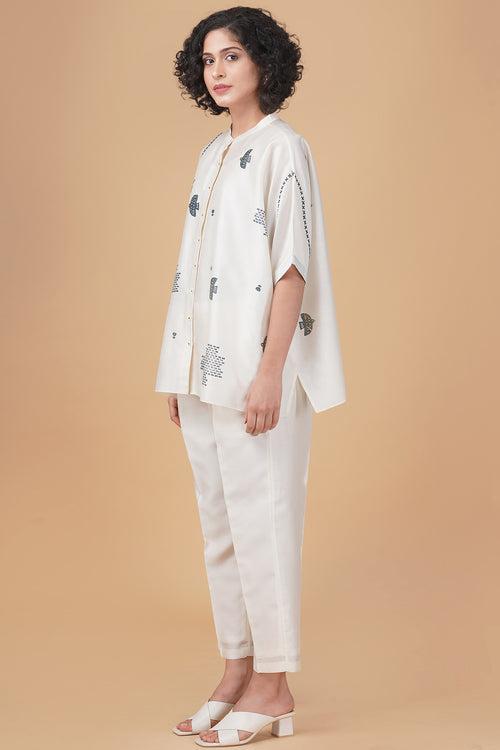 Ivory top in Indigo hakoni print silk chanderi kaftan top and silk chanderi pant