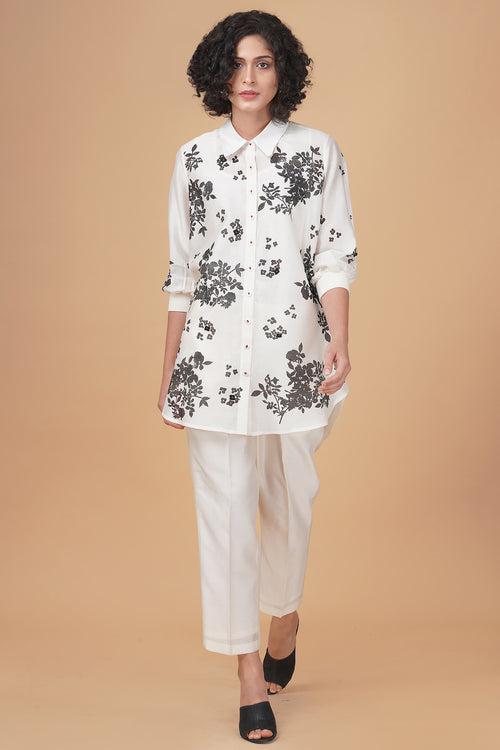 Ivory Shirt in black yuri print in silk chanderi and silk chanderi pant