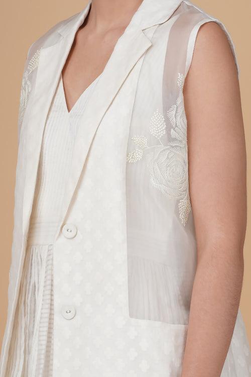 Sleeveless jacket with bara embroidery in bamarsi chanderi  and solid overlap dress in stripe organza