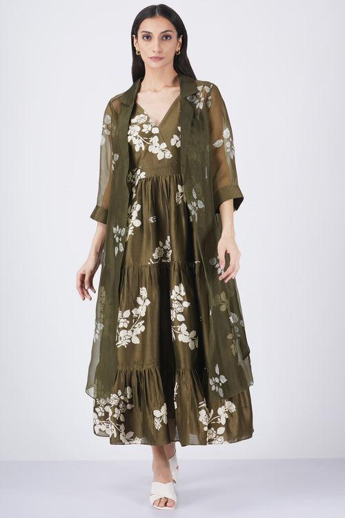 Ivory petal print tier olive dress organza jacket