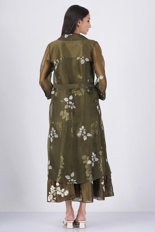 Ivory petal print tier olive dress organza jacket