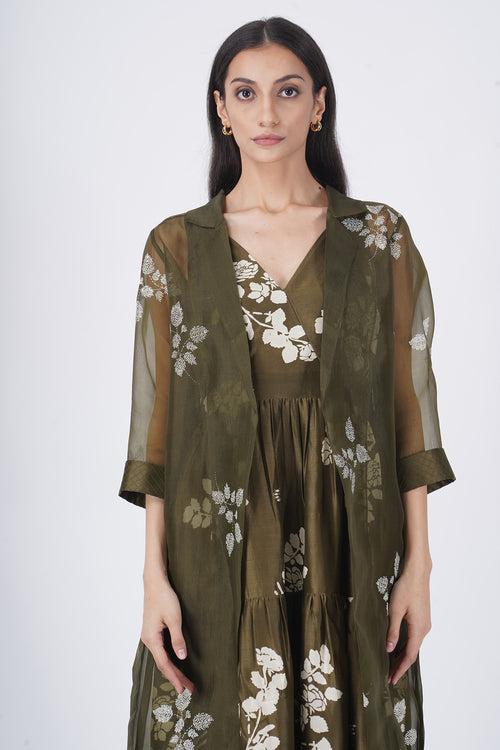 Ivory petal print tier olive dress organza jacket