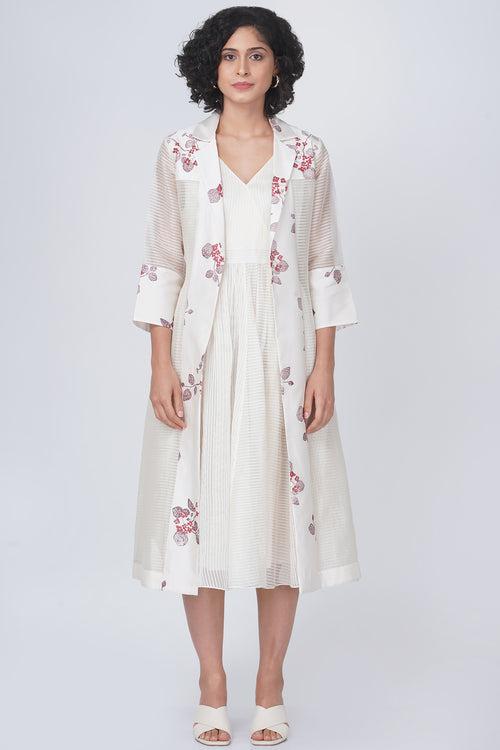 Sakura print stripe organza jacket and solid overlap dress in stripe organza