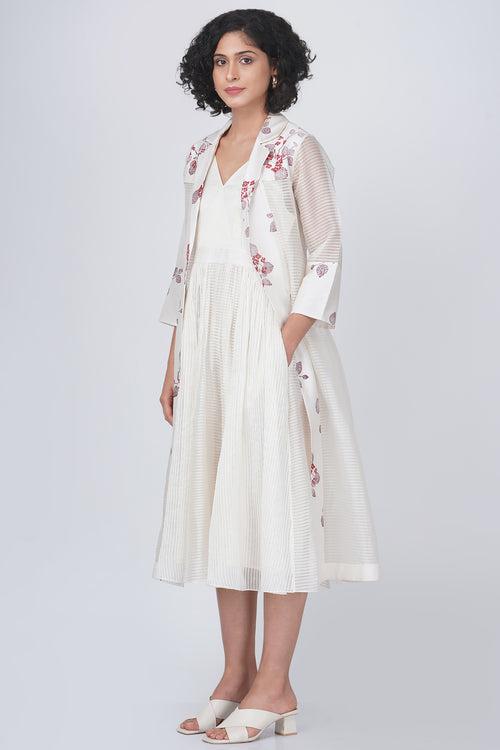 Sakura print stripe organza jacket and solid overlap dress in stripe organza