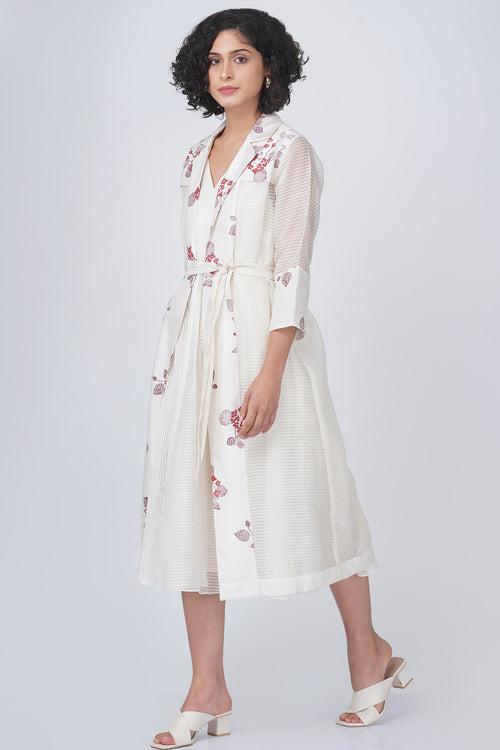 Sakura print stripe organza jacket and solid overlap dress in stripe organza