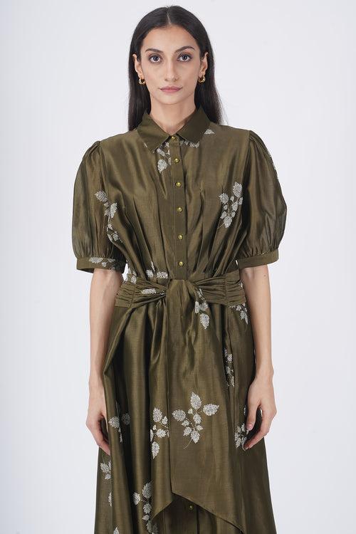 Ivory leaf printed puff sleeve dress