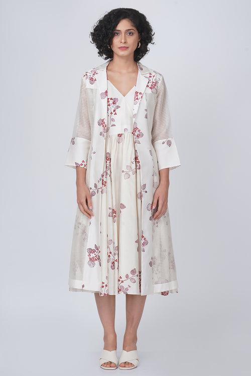 Sakura print stripe organza jacket and sakura print overlap dress in silk chanderi