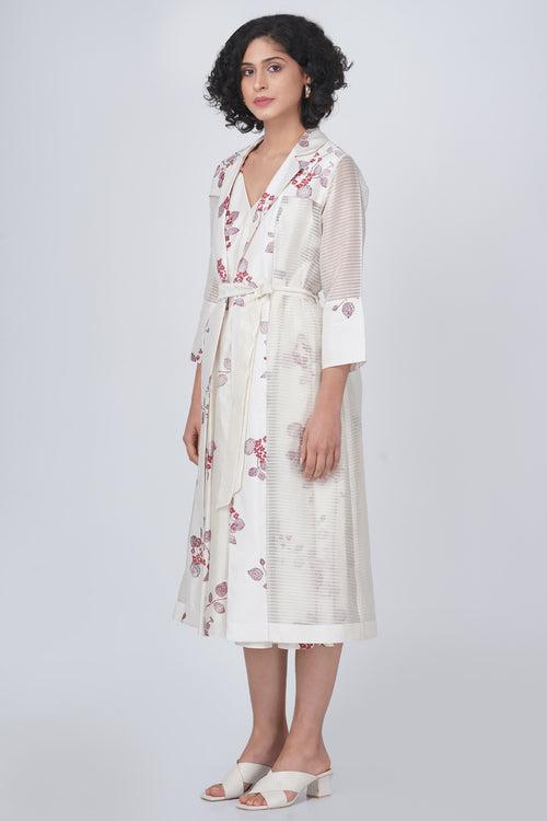 Sakura print stripe organza jacket and sakura print overlap dress in silk chanderi