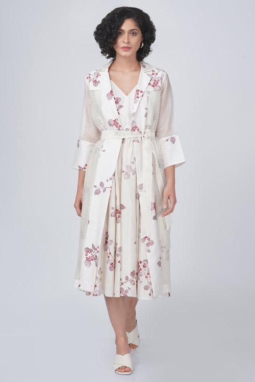 Sakura print stripe organza jacket and sakura print overlap dress in silk chanderi