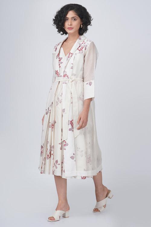 Sakura print stripe organza jacket and sakura print overlap dress in silk chanderi