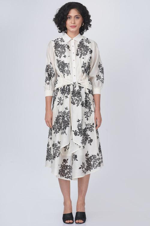 Ivory Tie-Up Dress In Black Yuri Print In Silk Chanderi