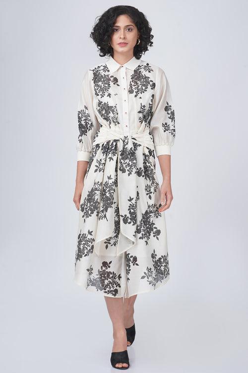 Ivory Tie-Up Dress In Black Yuri Print In Silk Chanderi