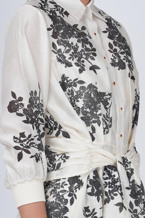 Ivory Tie-Up Dress In Black Yuri Print In Silk Chanderi