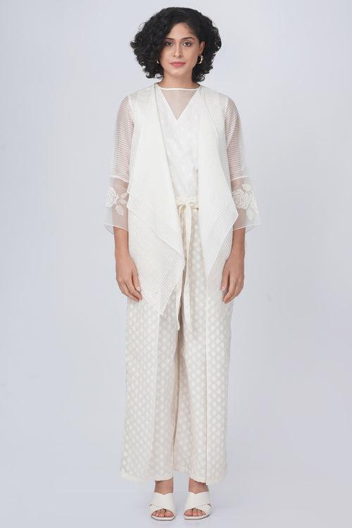 Double layer jacket with bara embroidery sleeve detail in stripe organza and overlap flayer pant in brocade silk