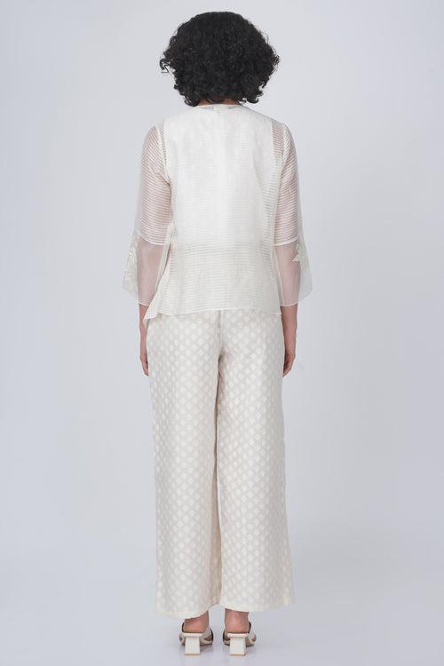 Double layer jacket with bara embroidery sleeve detail in stripe organza and overlap flayer pant in brocade silk