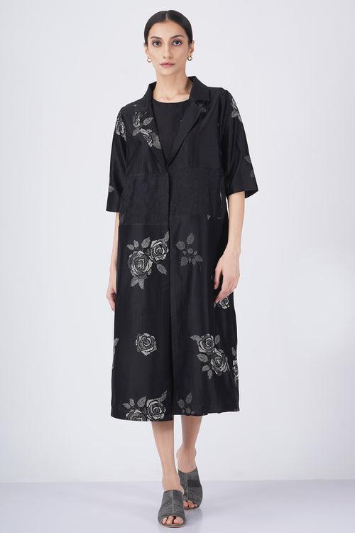 Monochrome rose print sheer waist jacket with solid black jumpsuit