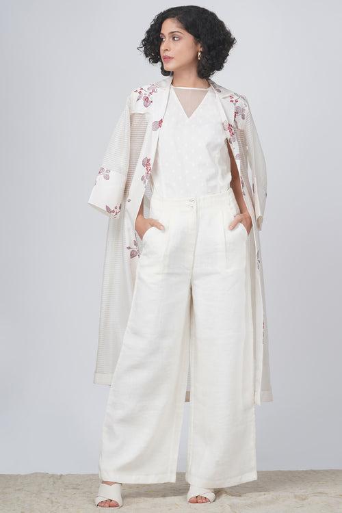 Sakura print stripe organza jacket  and flayer pant in linen