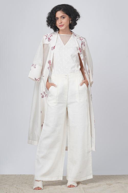 Sakura print stripe organza jacket  and flayer pant in linen