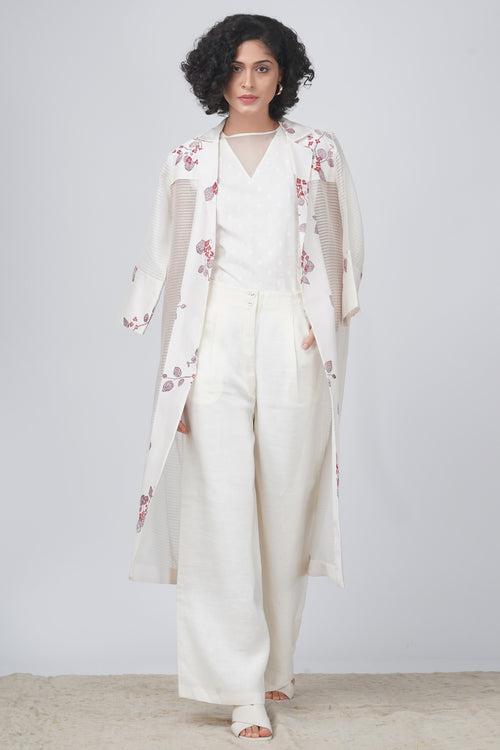 Sakura print stripe organza jacket  and flayer pant in linen