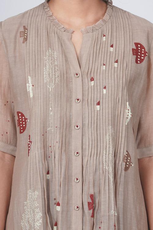 Hakoni print pleated dress in cotton chanderi