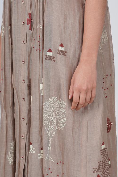 Hakoni print pleated dress in cotton chanderi