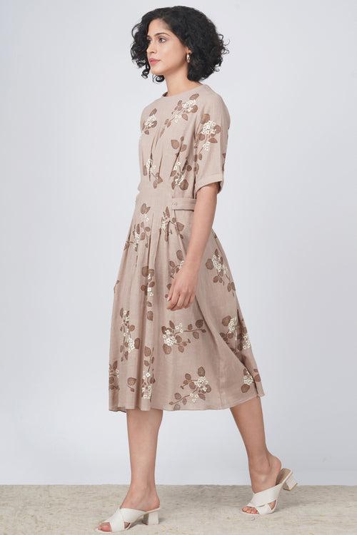 Sakura print bon pleated dress in cotton linen