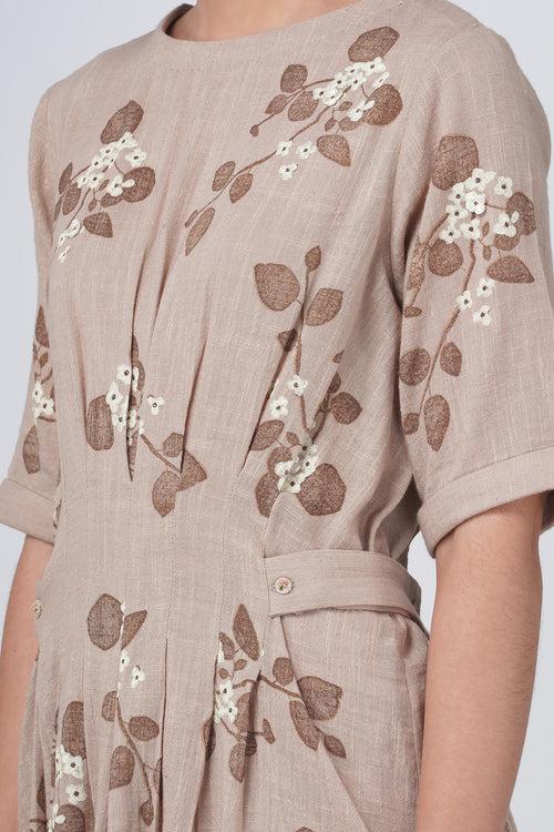 Sakura print bon pleated dress in cotton linen