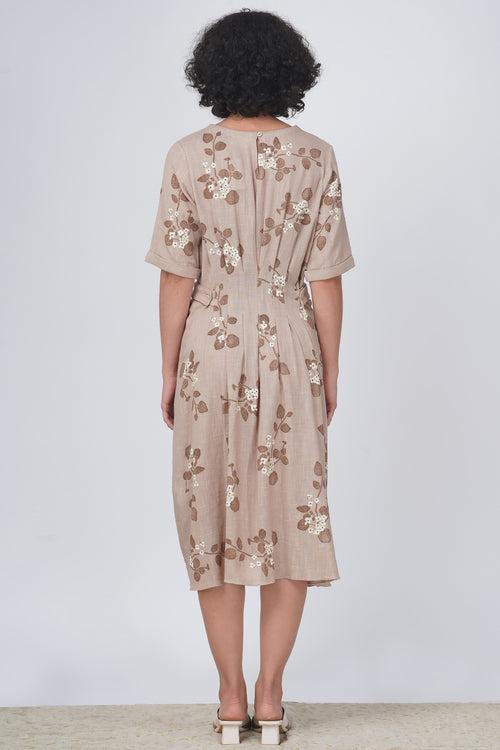 Sakura print bon pleated dress in cotton linen