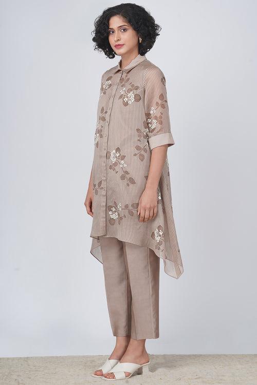 Sakura print stripe organza shirt with embroidery and straight pant in silk chanderi