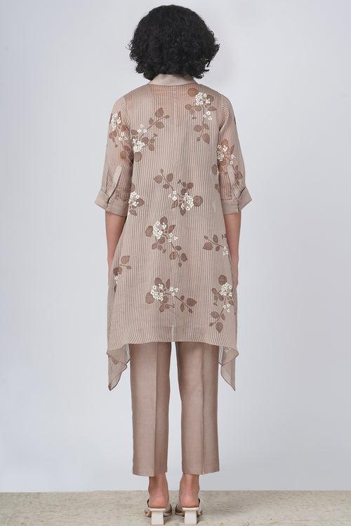 Sakura print stripe organza shirt with embroidery and straight pant in silk chanderi