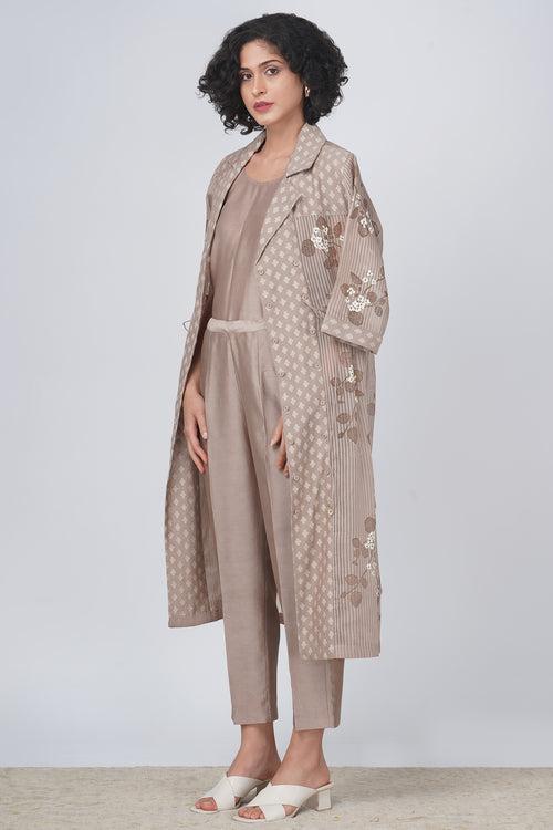 Sakura print jacket in stripe organza and straight pant in silk chanderi