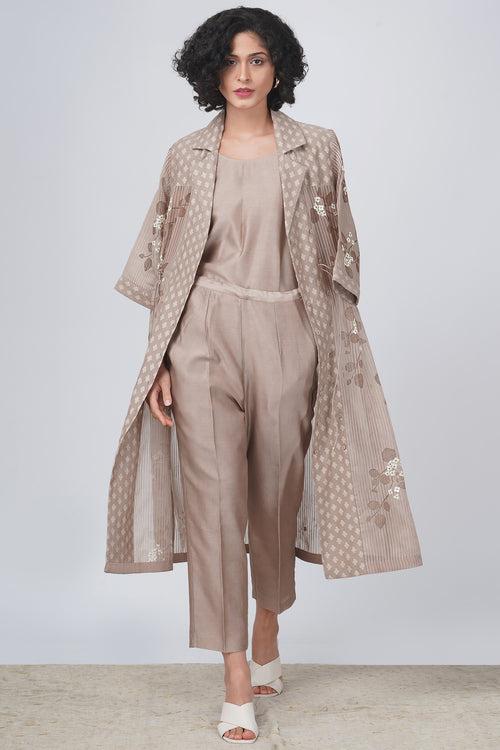 Sakura print jacket in stripe organza and straight pant in silk chanderi