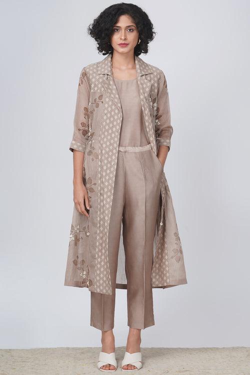 Sakura print jacket in stripe organza and straight pant in silk chanderi