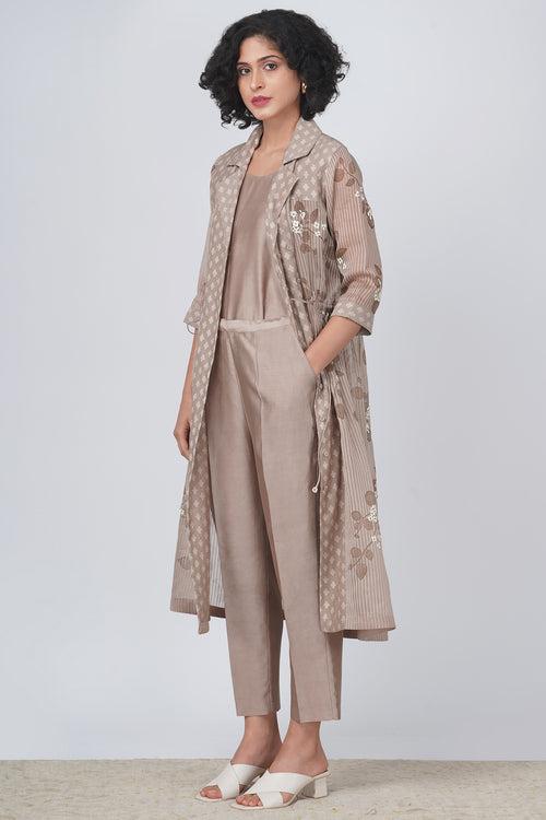 Sakura print jacket in stripe organza and straight pant in silk chanderi