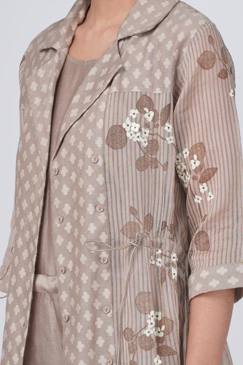 Sakura print jacket in stripe organza and straight pant in silk chanderi