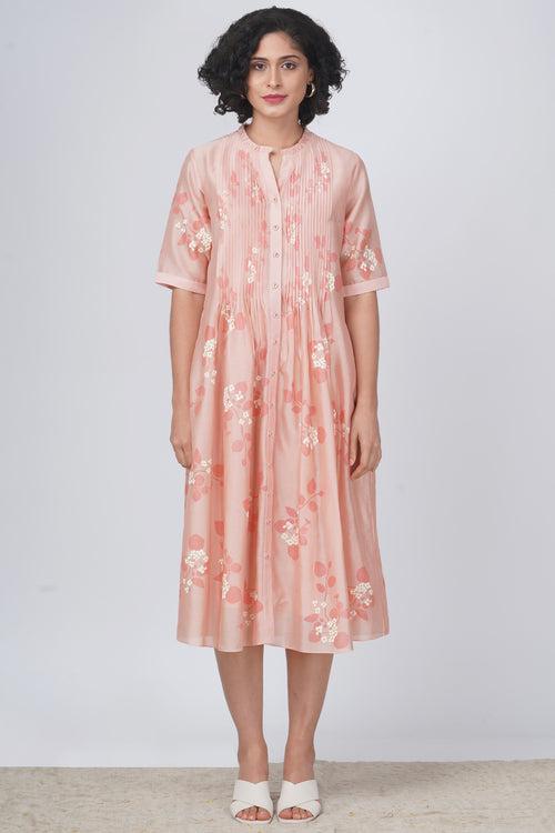 Sakura print pleated dress in silk chanderi