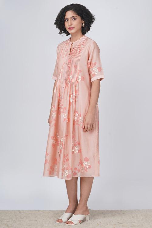 Sakura print pleated dress in silk chanderi