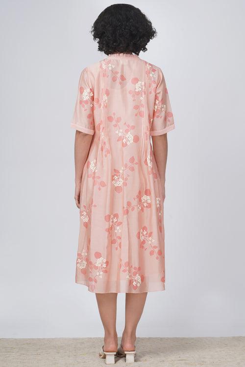Sakura print pleated dress in silk chanderi
